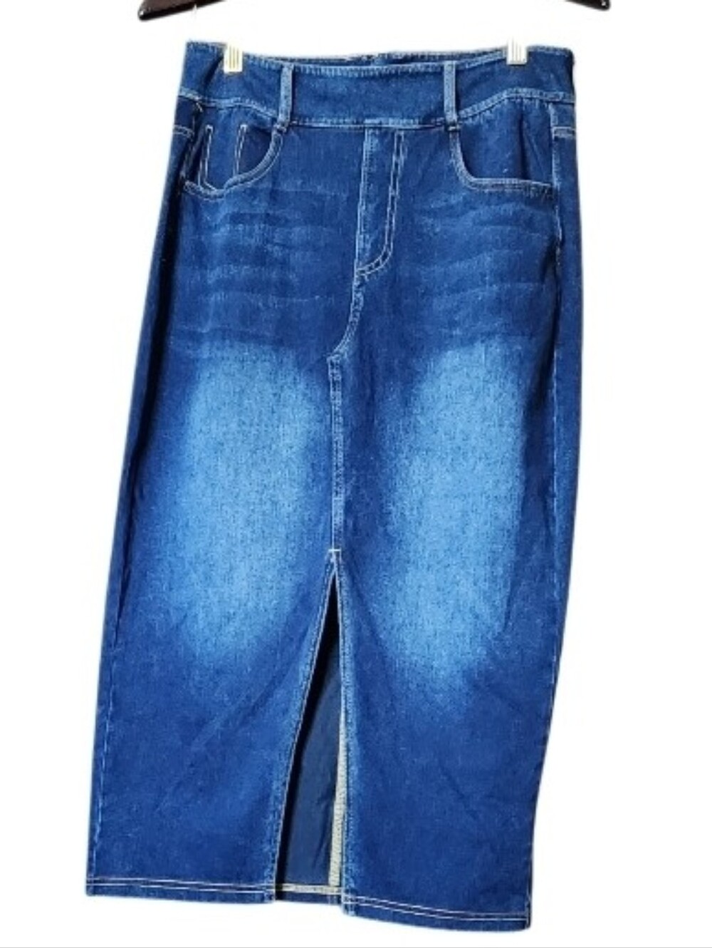 HALARA Blue Pull On Midi Denim Skirt with Front Slit